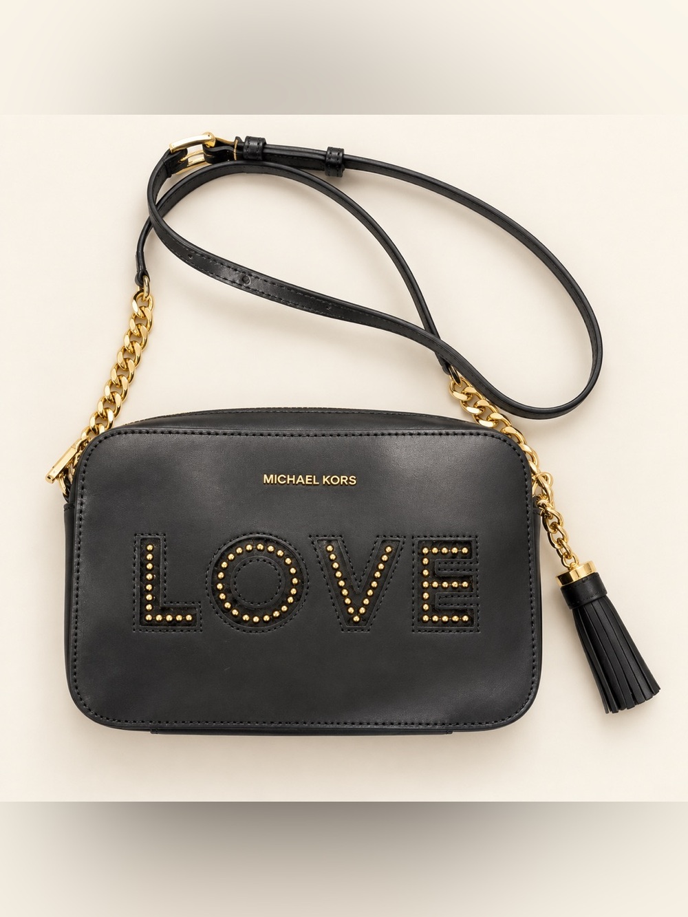 Michael Kors Black Leather 'LOVE' Studded Crossbody Bag with Gold Hardware